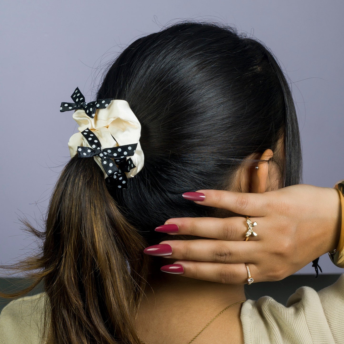 Satin Hair Scrunchie with Polka Dot Bows (12Pcs) - UBKWS1126