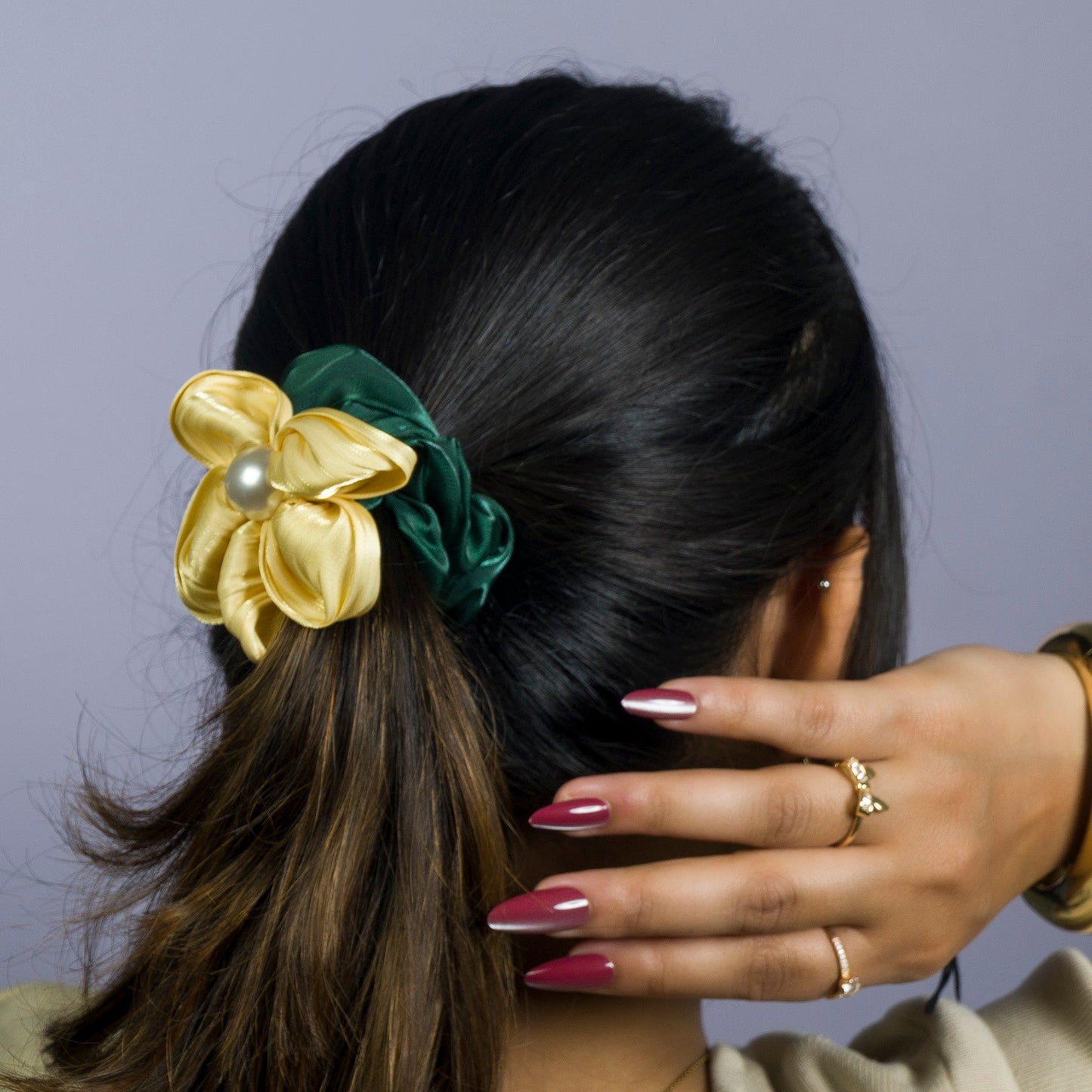 Satin Flower Pearl Hair Scrunchie (12Pcs) - UBKWS1062