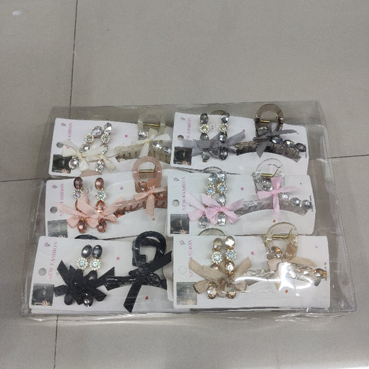 Crystal Bow Hair Claw Clip with Matching Hair Pins Set (1Dz) - UBKWS2208