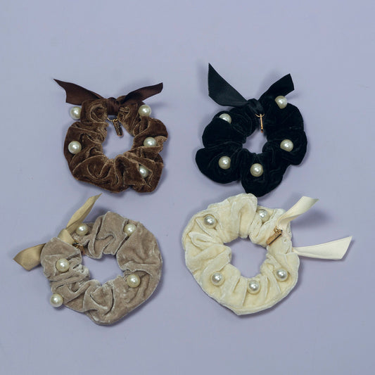 Velvet Pearl Hair Scrunchie with Ribbon (12 Pcs) - UBKWS1122