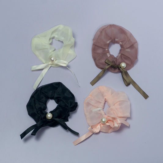 Organza Pearl Hair Scrunchie with Ribbon (12 Pcs) - UBKWS1125