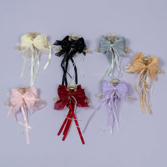 Luxury Organza Bow Hair Claw with Pearl Tassels (1Dz) - UBKWS2177