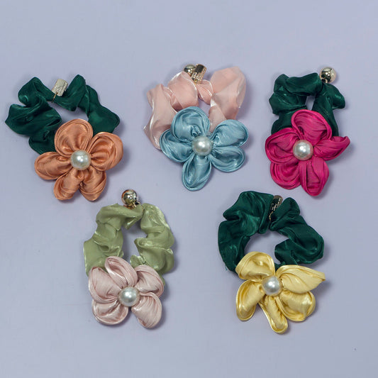 Satin Flower Pearl Hair Scrunchie (12Pcs) - UBKWS1062