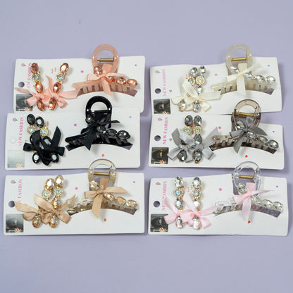 Crystal Bow Hair Claw Clip with Matching Hair Pins Set (1Dz) - UBKWS2208
