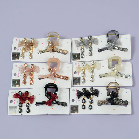 Crystal Bow Hair Claw with Matching Hair Pins Set (1Dz) - UBKWS2209