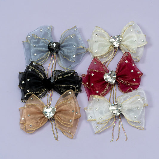 Crystal Heart Organza Bow Hair Clip (6Pcs) - UBKWS2240