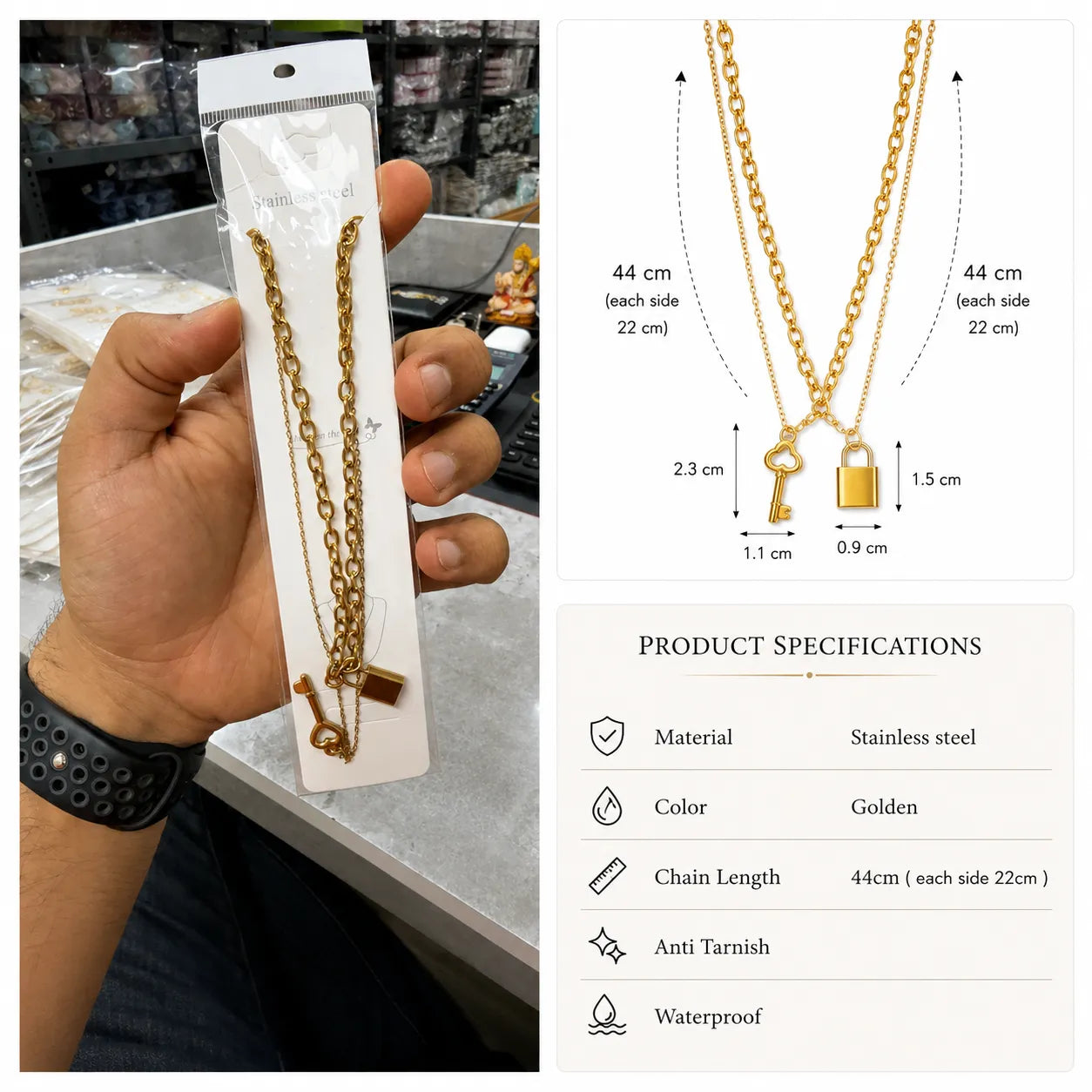Lock & key double layered Necklace (1Pc) - UBKWS3004