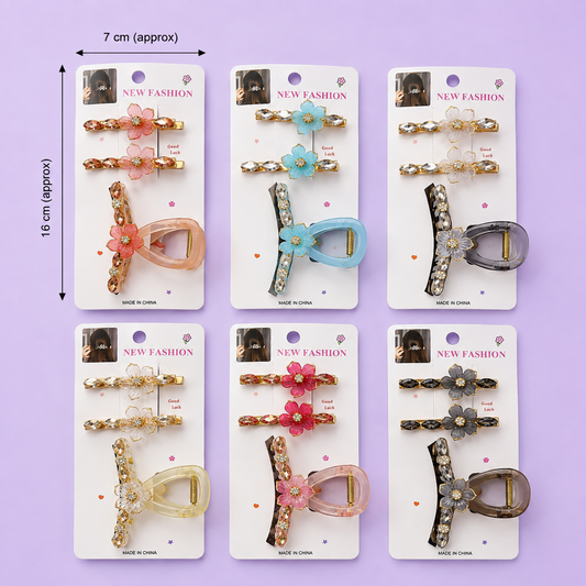 Crystal Bow Hair Claw with Matching Hair Pins Set (1Dz) - UBKWS4188