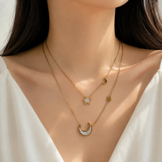 Moon & star double layered Necklace (1Pc) - UBKWS3007