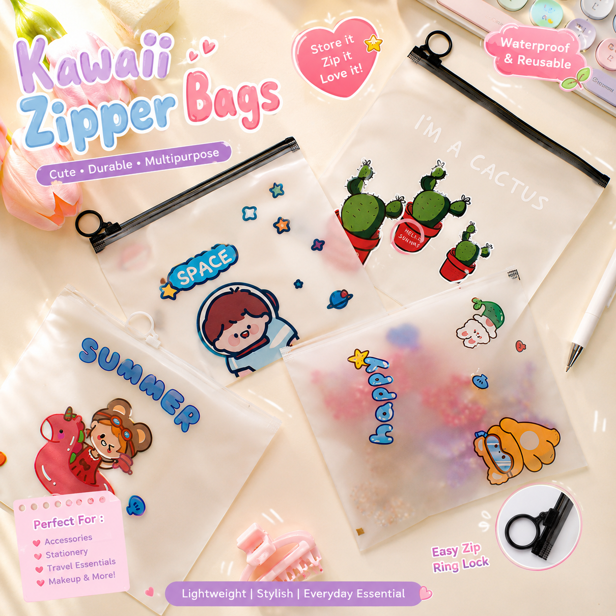 Kawaii Zipper Bags - 50 Pcs
