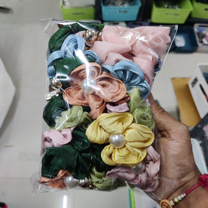 Satin Flower Pearl Hair Scrunchie (12Pcs) - UBKWS1062
