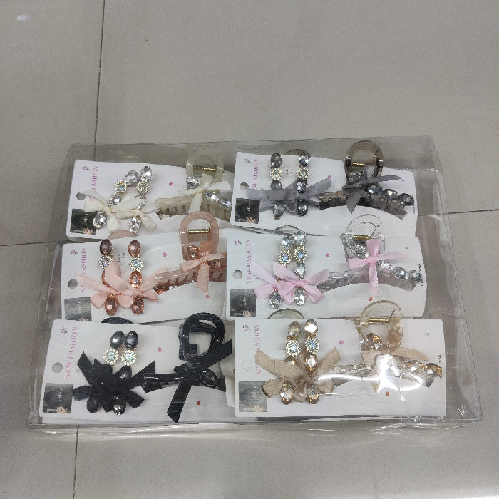 Crystal Bow Hair Claw Clip with Matching Hair Pins Set (1Dz) - UBKWS2208