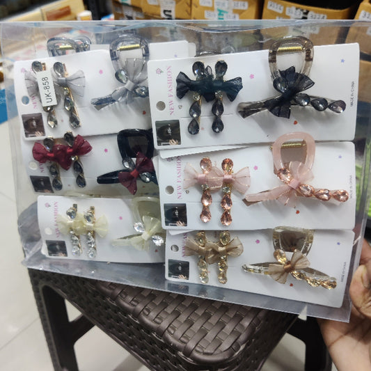 Crystal Bow Hair Claw with Matching Hair Pins Set (1Dz) - UBKWS2209